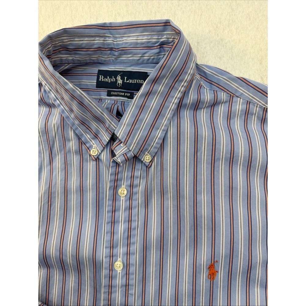 Ralph Lauren Custom Fit Striped Button Down Shirt Mens XXL Blue Orange Pony
